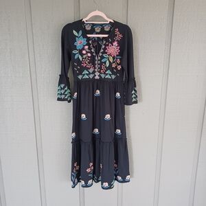 Johnny Was Griffin Ruffle Tiered Knit Midi Dress Women Boho Embroidery Cotton